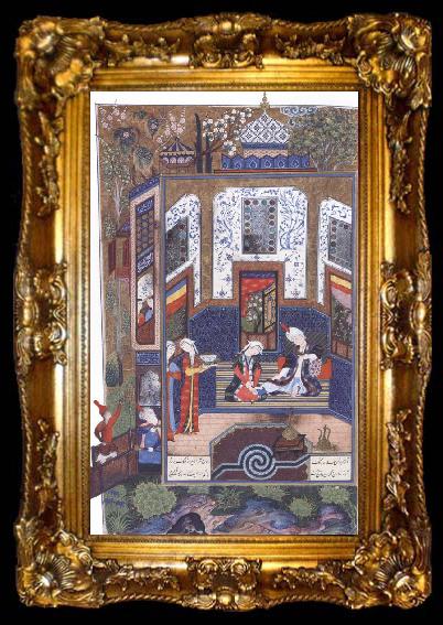 framed  Sultan Muhammad Prince Bahram i Gor listens to the tale of the princess of Persia beneath the white pavilion, ta009-2